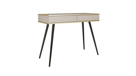 Konsola Luxury beżowa z szufladami stylowa i elegancka toaletka wsparta na wysokich czarnych nogach korpus zwieńczony złotą listwą