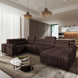 Narożnik z funkcją spania Castel IV brązowy prawostronny stylowy narożnik z pojemnikami na pościel i regulowanymi zagłówkami