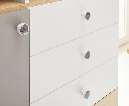 Komoda z szufladami Pixel 85 cm dąb biszkoptowy / biała / szara idealna do pokoju młodzieżowego stylowa i funkcjonalna