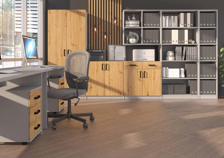 Biurko narożne Makana jasny szary / dąb artisan komoda z szufladą i półkami stylowy i funkcjonalny mebel z blatem 56mm