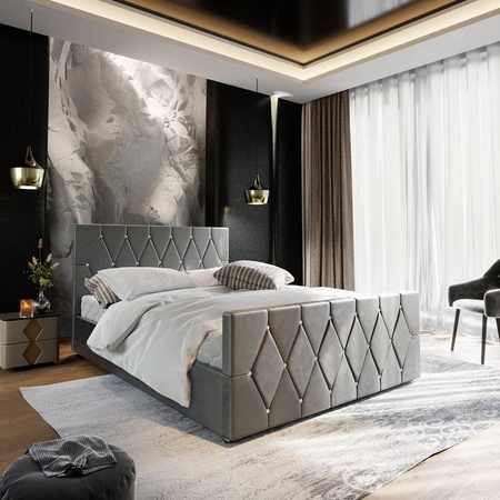 Łóżko tapicerowane Tifton 160x200 jasny szary z pojemnikiem w nowoczesnym stylu z charakterystycznym wezgłowiem oraz z zanóżkiem wykończone kryształkami