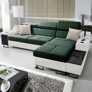 Narożnik z funkcją spania Alcamo zielony / biały prawostronny elegancki i stylowy narożnik z dostawką praktyczna szuflada w boczku mebla