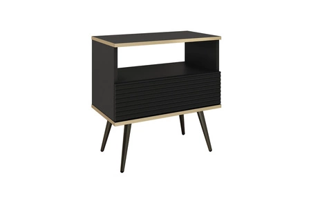 Szafka nocna z szufladą Luxury czarna elegancki design korpus zwieńczony złotą listwą szafka z ryflowanym frontem czarne wysokie nogi