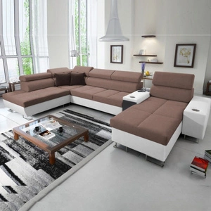 Narożnik z funkcją spania Dafni V jasny brąz / biały prawostronny pleciony wygodny i komfortowy narożnik z regulowanymi zagłówkami