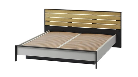 Łóżko Gris 180x200 cm szary / czarny / dąb natura wygodne łóżko z pojemnikiem na pościel wysoki zagłówek z oświetleniem LED