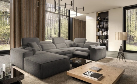 Narożnik z funkcją spania Viano IV Lux szary lewostronny designerski narożnik z wysuwanym podnóżkiem duży pojemnik na pościel
