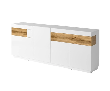 Komoda z szufladami Silke 219 cm biała / biały połysk / dąb wotan nietuzinkowa komoda idealna do nowoczesnych wnętrz push to open