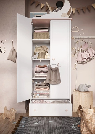 Szafa Luna 85 cm biały / różowy estetyczna szafa dedykowana do pokoju dziewczęcego wyposażona w dwa drążki na ubrania wiszące