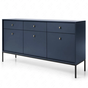 Komoda z szufladami Mono 154 cm granatowa minimalistyczny design stylowy złoty uchwyt prosta forma wzbogacona o metalowe elementy