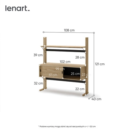 Regał Ollie 108 cm dąb olejowany / czarny praktyczny niski regał z drzwiami przesuwanymi regał na książki o kompaktowych wymiarach