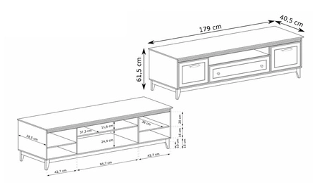 Szafka RTV Windsor 179 cm beżowy / dąb stylowa szafka o klasycznym designie wsparta na drewnianej podstawie uchwyty w kolorze miedzi