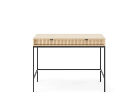 Konsola Lovro dąb vicenza z szufladami stylowy oraz funkcjonalny mebel do przedpokoju salonu czy biura kontrastowe czarne dodatki