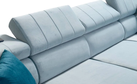 Narożnik z funkcją spania Rava VIII lazurowy lewostronny elegancki design gustowna bryła z gwarancją komfortu miękka tkanina