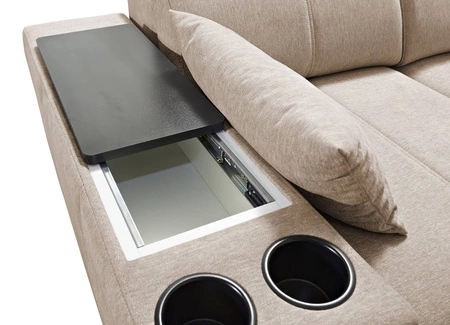 Narożnik z funkcją spania Tesalia VII beżowy prawostronny nowoczesny design komfortowe przesuwane oparcie szuflada w boczku mebla