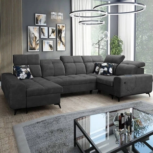 Narożnik z funkcją spania Buffalo IV grafitowy lewostronny stylowy narożnik rozkładany z dwoma pojemnikami na pościel welurowa tkanina