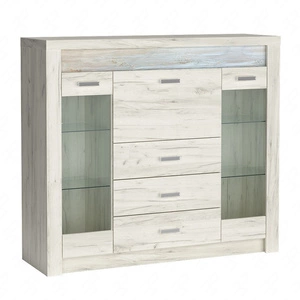 Komoda z szufladami Indiana 137 cm kraft biały elegancka stylistyka komody z przeszkleniem ozdobna deska na froncie komody oświetlona LED