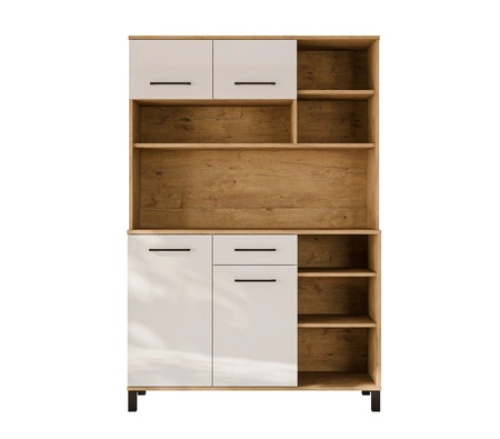 Kredens kuchenny Vento 119 cm dąb lancelot / biały połysk bufet do kuchni doskonały do aranżacji małego aneksu kuchennego w mieszkaniu