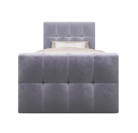 Łóżko kontynentalne Manhattan 90x200 błękitne w nowoczesnym skandynawskim stylu z tapicerowanym zagłówkiem i zanóżkiem łóżko z pojemnikiem