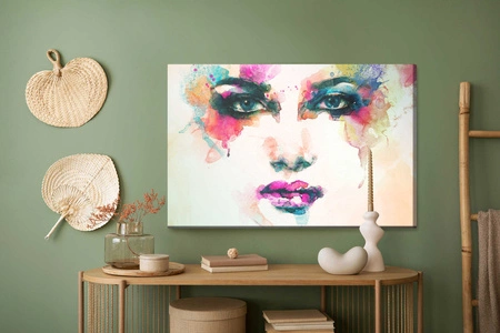 Obraz na płótnie kobieca twarz 100x70 cm ponadczasowa ozdoba każdego wnętrza obraz w wyrazistej kolorystyce wysoka jakość wykonania