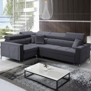 Narożnik z funkcją spania Nausa II grafitowy lewostronny velvet dekoracyjne przeszycia na siedzisku narożnik z pojemnikiem na pościel