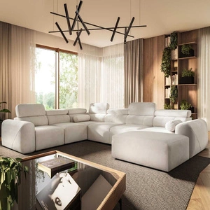 Narożnik z funkcją spania Cantare VIII kremowy prawostronny gustowny narożnik z regulowanymi zagłówkami pojemniki na pościel