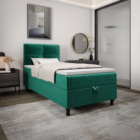Łóżko kontynentalne Melba 90x200 butelkowa zieleń w nowoczesnym skandynawskim stylu z tapicerowanym zagłówkiem łóżko z pojemnikiem