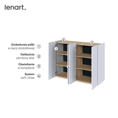 Komoda Easy 126 cm biały połysk / dąb scandi elegancka komoda z delikatnie obniżonym blatem doskonała do nowoczesnych wnętrz