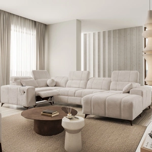 Narożnik z funkcją spania Penejos IV Lux beżowy prawostronny stylowy narożnik rozkładany z komfortowym wysuwanym podnóżkiem