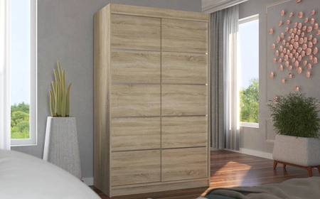Szafa przesuwna Benisso 120 cm dąb sonoma jasny funkcjonalna szafa do sypialni fronty wykończone poziomymi srebrnymi listwami