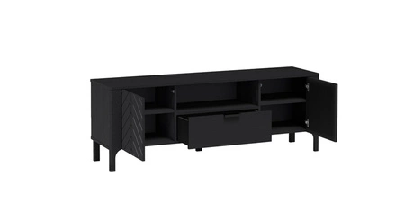 Szafka RTV Malumi 160 cm czarna stylowy design ozdobny wzór jodełki na frontach minimalistyczny metalowy uchwyt wysoka podstawa