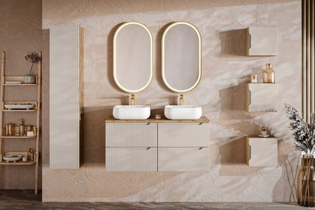 Zestaw mebli łazienkowych Luxor dąb olejowany / beżowy designerskie szafki łazienkowe oryginalne trójwymiarowe ryflowania na frontach