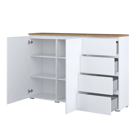 Komoda z szufladami Modo 150 cm biała / dąb mauvella w nowoczesnym wydaniu doskonała propozycja do salonu lub sypialni subtelnie frezowany uchwyt