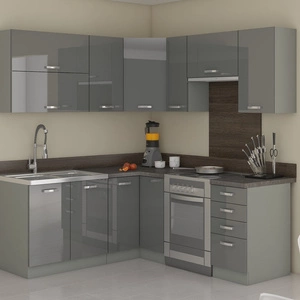 Zestaw mebli kuchennych narożny Grey 170x190 cm fronty w połysku niepowtarzalny styl szafek dopasuje się do wnętrza każdej kuchni