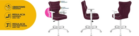 Krzesło do biurka Duo fioletowe idealne do wzrostu 146-176,5 cm profilowane siedzisko regulowane podłokietniki łatwo czyszcząca tkanina