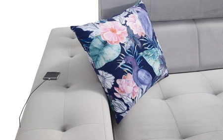 Narożnik z funkcją spania Hampton VI granatowy lewostronny funkcjonalny narożnik do salonu z ruchomą dostawką oraz półką