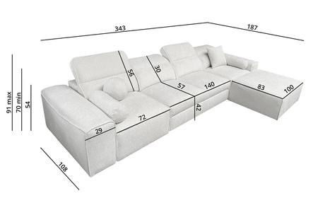 Narożnik z funkcją spania Viano XII szary popiel prawostronny narożnik o ciekawym kształcie regulowane zagłówki ozdobne poduszki