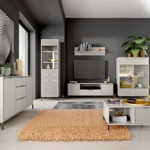 Zestaw mebli do salonu Linka beżowy stylowe meble z ciekawym wzorem na frontach w postaci frezowanych ryfli czarne metalowe nogi