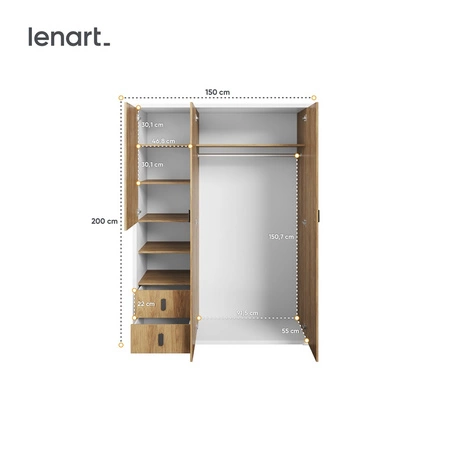 Szafa Simi 150 cm biały / hikora naturalna stylowy design pojemna szafa o klasycznej formie wyposażona w szuflady i półki