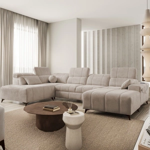 Narożnik z funkcją spania Penejos VI ciemny beżowy prawostronny narożnik rozkładany z dwoma pojemnikami na pościel trwała tkanina