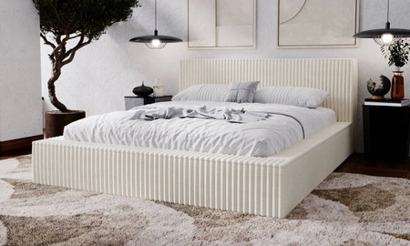 Łóżko tapicerowane Tilo 140x200 kremowe nowoczesny design łóżko z pojemnikiem na pościel z komfortowym zagłówkiem tkanina z wyrazistymi prążkami
