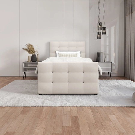 Łóżko kontynentalne Kansas 90x200 beżowe w nowoczesnym skandynawskim stylu z tapicerowanym zagłówkiem oraz zanóżkiem