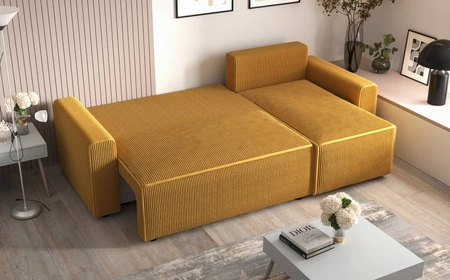 Narożnik z funkcją spania Brandon Bis czarny prawostronny trójwymiarowa tkanina o wyrazistych prążkach pojemnik na pościel