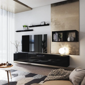 Meblościanka Kamari czarna / czarny połysk uniwersalna i stylowa meblościanka do salonu system otwierania drzwi push to open