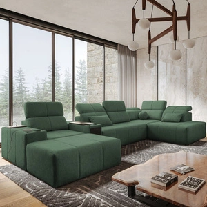 Narożnik z funkcją spania Tesalia V miętowy lewostronny komfortowy narożnik z szufladą oraz funkcją przesuwanego oparcia