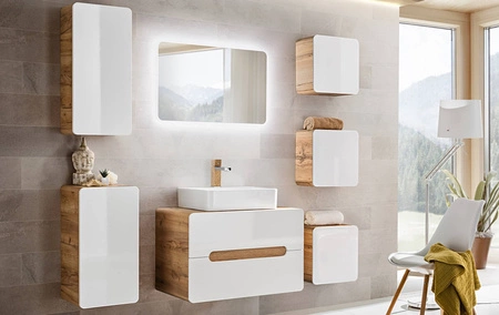 Szafka pod umywalkę nablatową Aruba 80 cm dąb craft złoty / biały połysk funkcjonalna szafka z szufladami odporna na uszkodzenia