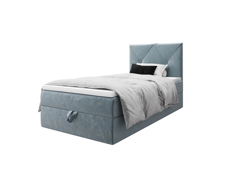 Łóżko kontynentalne Arvada 120x200 turkusowe w nowoczesnym skandynawskim stylu z tapicerowanym zagłówkiem łóżko z pojemnikiem