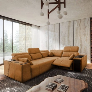 Narożnik z funkcją spania Tesalia II Lux miodowy prawostronny wygodny narożnik z przesuwanym oparciem oraz wysuwanym podnóżkiem