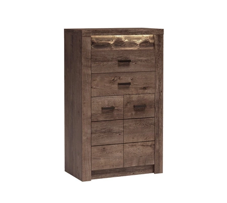 Komoda wysoka Indiana 76 cm jesion ciemny elegancka stylistyka komody z szufladami ozdobna deska na froncie komody oświetlona LED