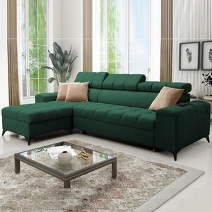 Narożnik z funkcją spania Bolmso zielony lewostronny narożnik z dwoma pojemnikami na pościel praktyczna szuflada w boczku mebla