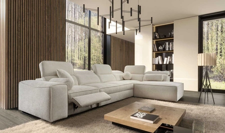 Narożnik z funkcją spania Viano XI Lux kremowy prawostronny designerski narożnik z wysuwanym podnóżkiem i pojemnikiem na pościel